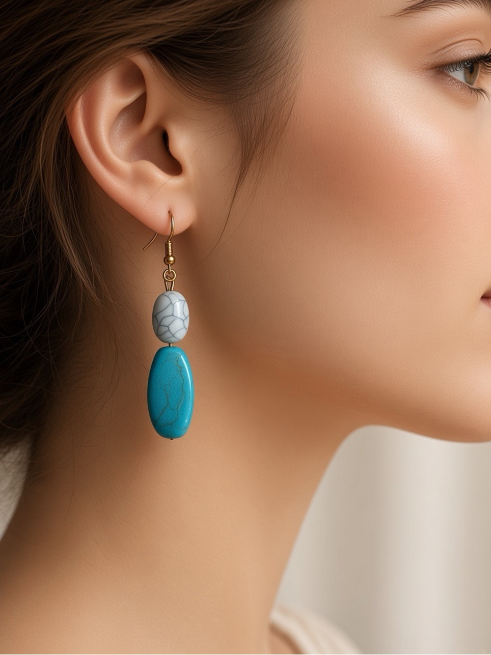 Handmade Turquoise Howlite Gold Dangle Earrings - Picture 3 of 7